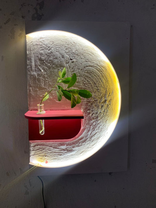 Modern LED Wall Panel Light with Decorative Vase Design, Round Golden Backlight, White 18 x 24