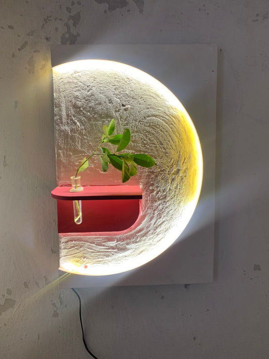 Modern LED Wall Panel Light with Decorative Vase Design, Round Golden Backlight, White 18 x 24